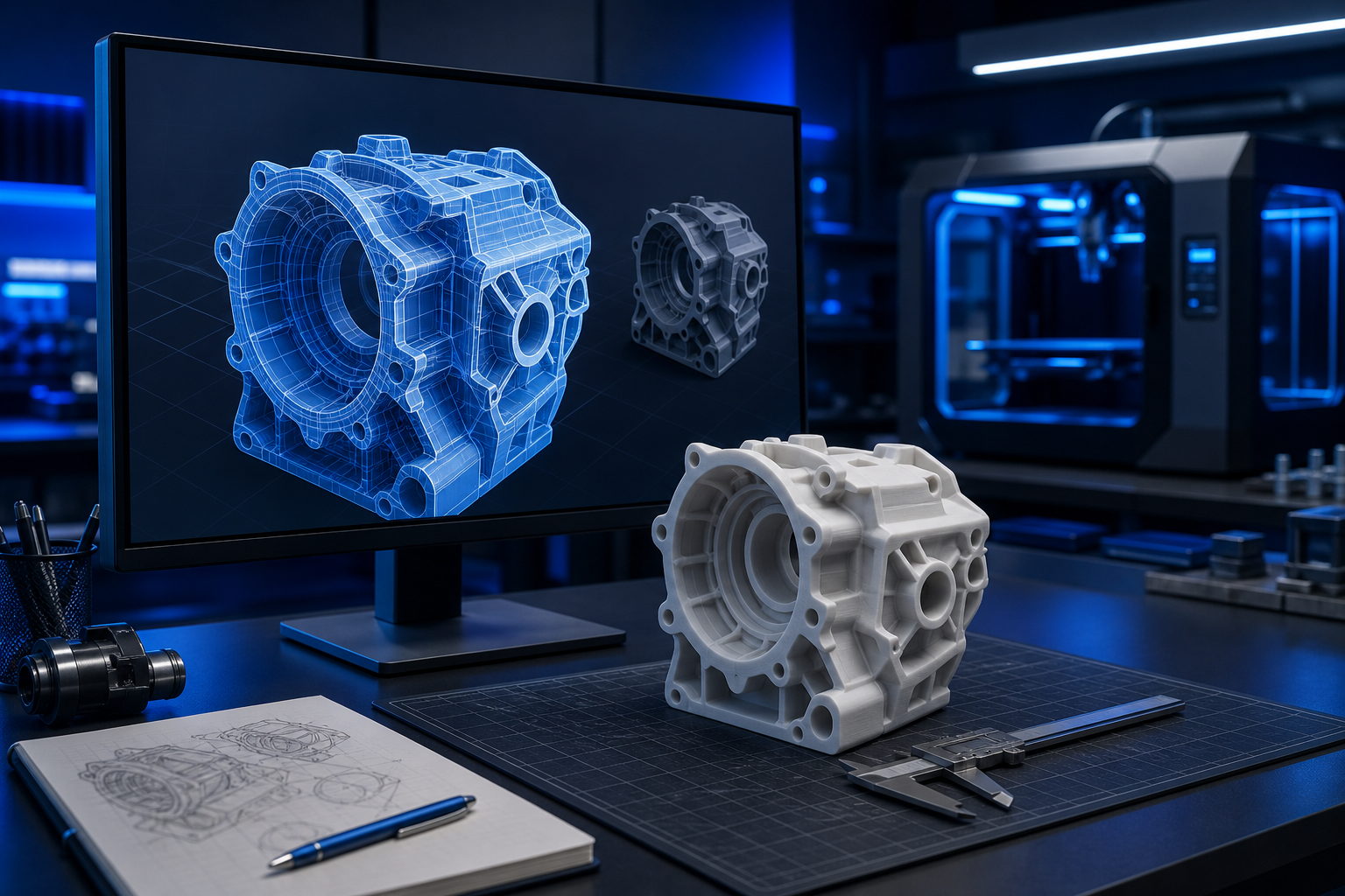 CAD model and matching 3D printed engineering prototype at a design workstation