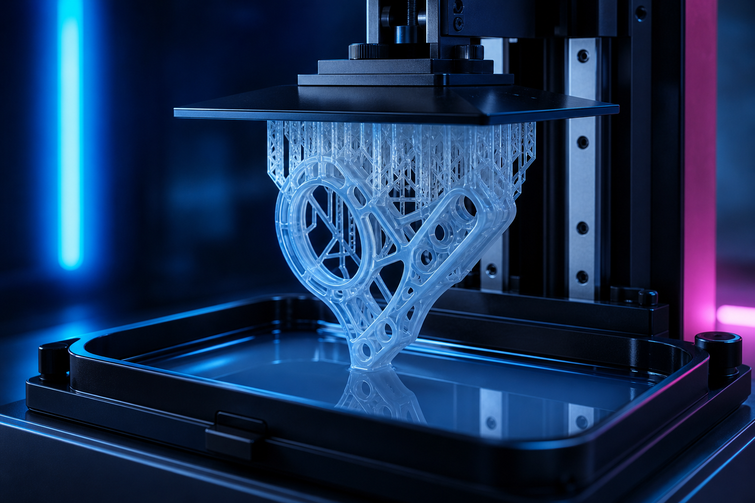 Detailed translucent component emerging from an SLA resin printer
