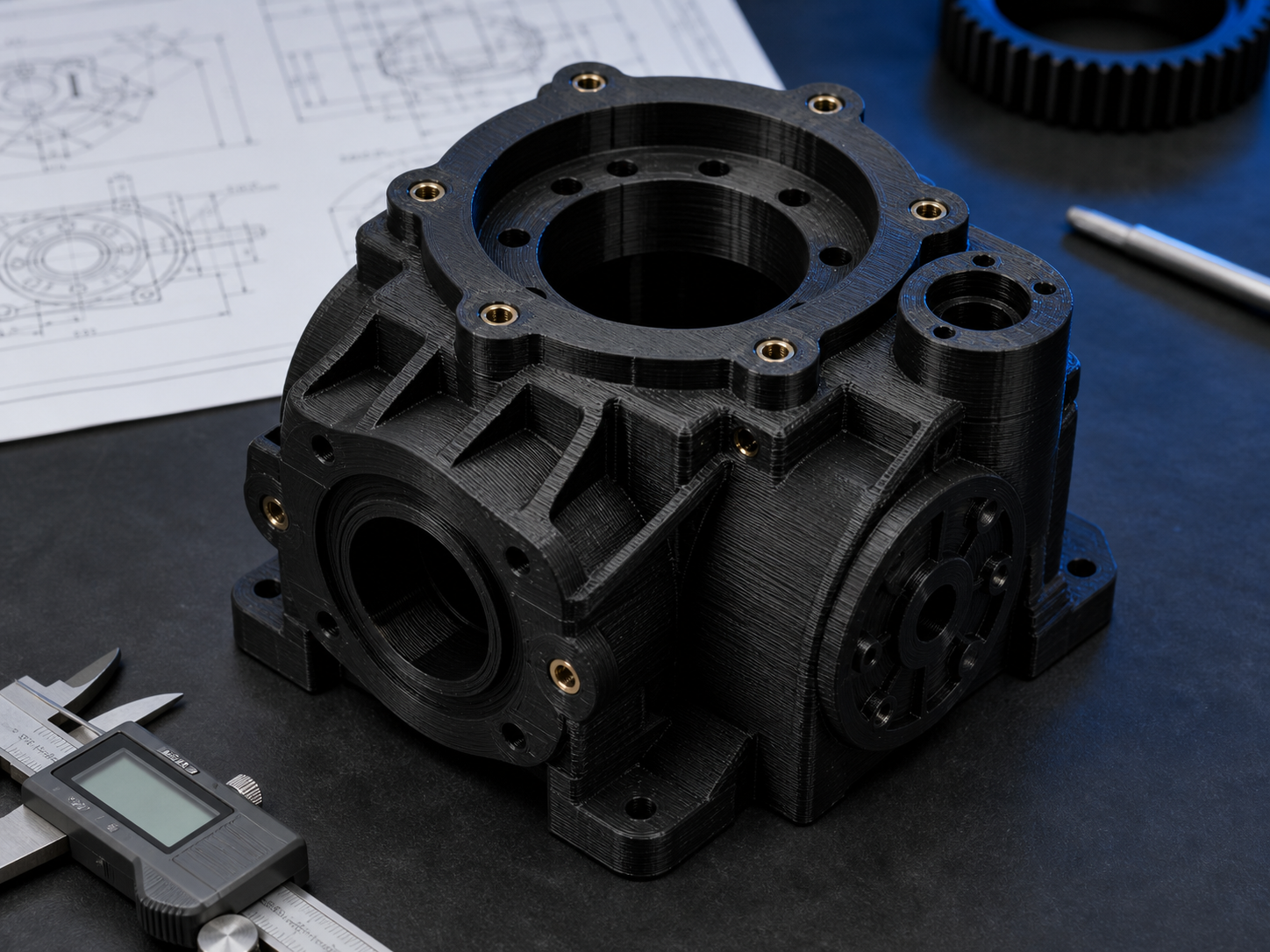 Black printed gearbox housing with brass inserts and measuring tools