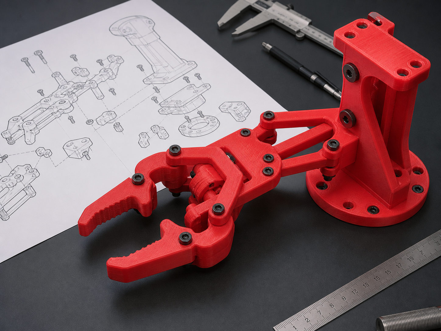 Red printed robotic gripper and articulated linkage assembly