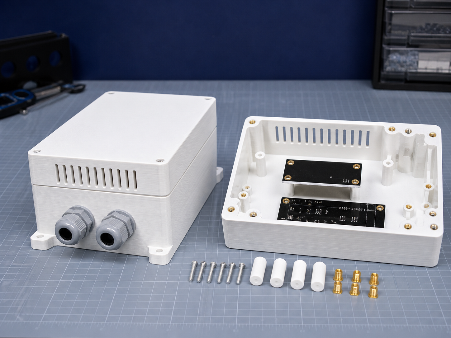 White printed electronics enclosure with ventilation and fitted hardware