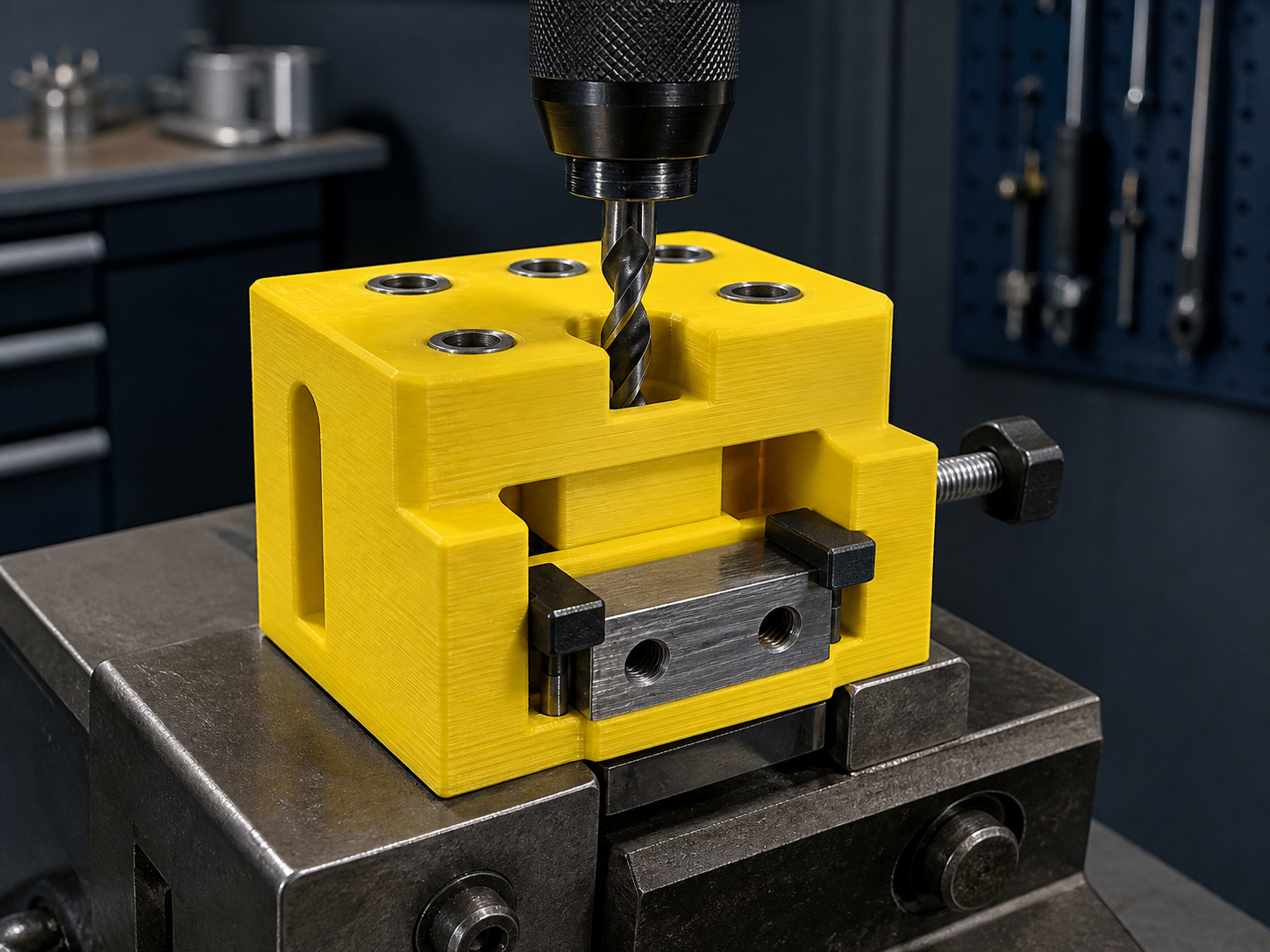 Yellow printed workshop drill jig holding a metal component